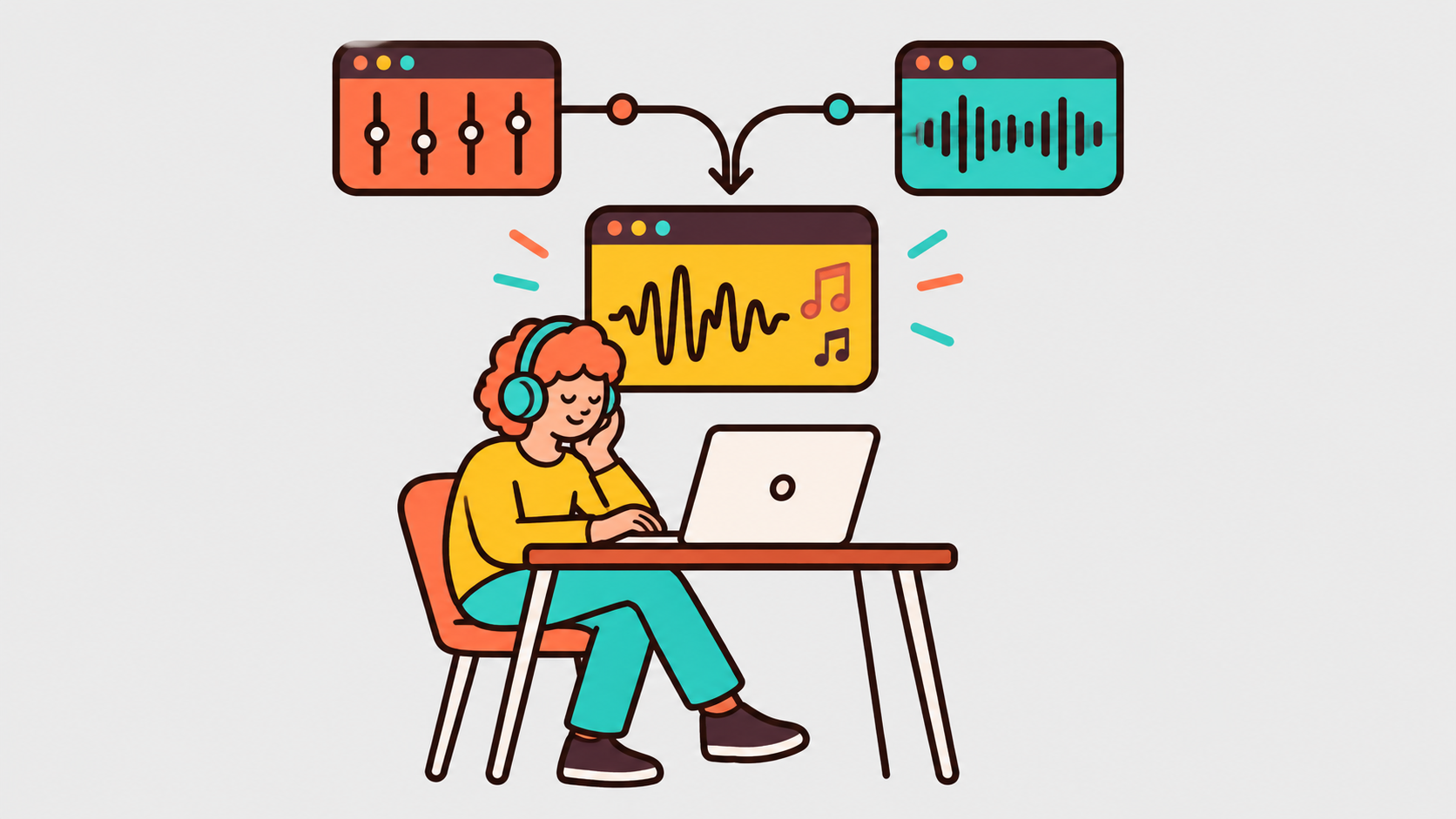 Deux applications audio fusionnent dans une application unique devant une musicienne utilisant NucorderDesktop.