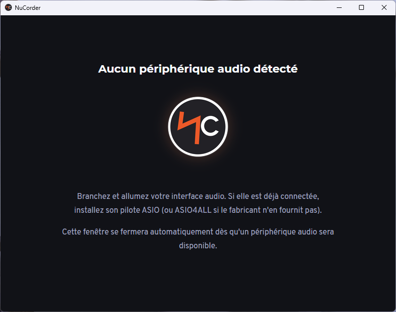 Message de NucorderDesktop indiquant qu’aucun périphérique audio compatible n’a été détecté.