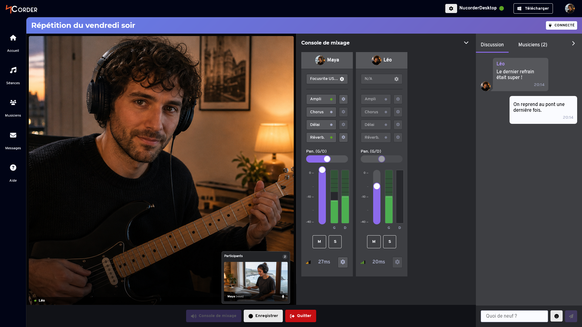 Salle de répétition NuCorder avec un guitariste en visioconférence, la console de mixage, les effets audio et la discussion.