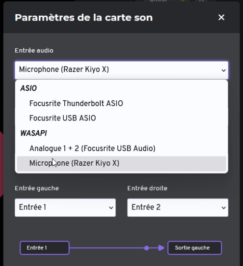 Le support de WASAPI pour Windows permet d'utiliser des périphériques comme des microphones standards (ici Razer Kiyo X)