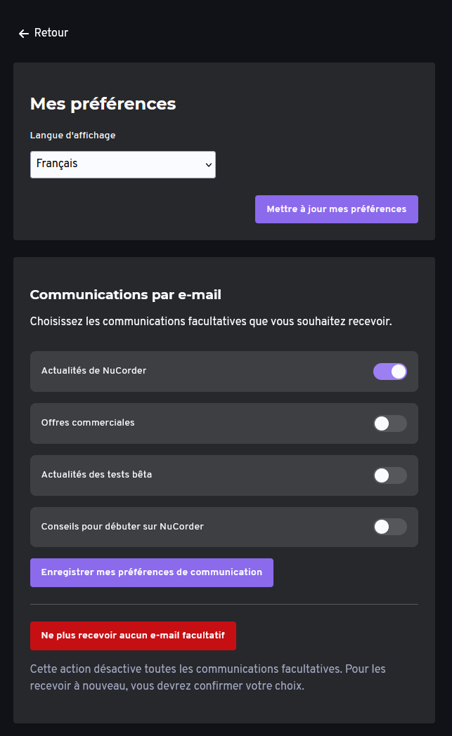 Le nouvel écran de réglage des préférences de communications