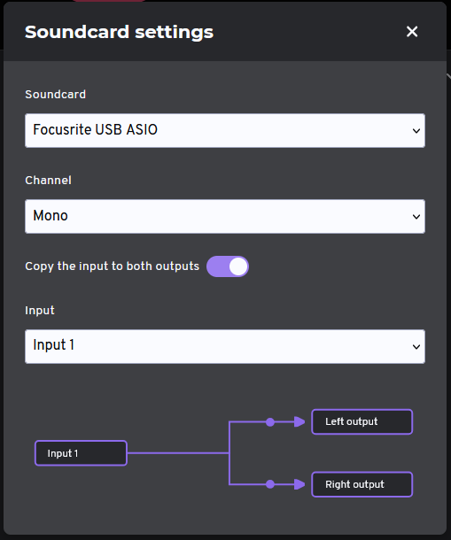 The sound card settings dialog