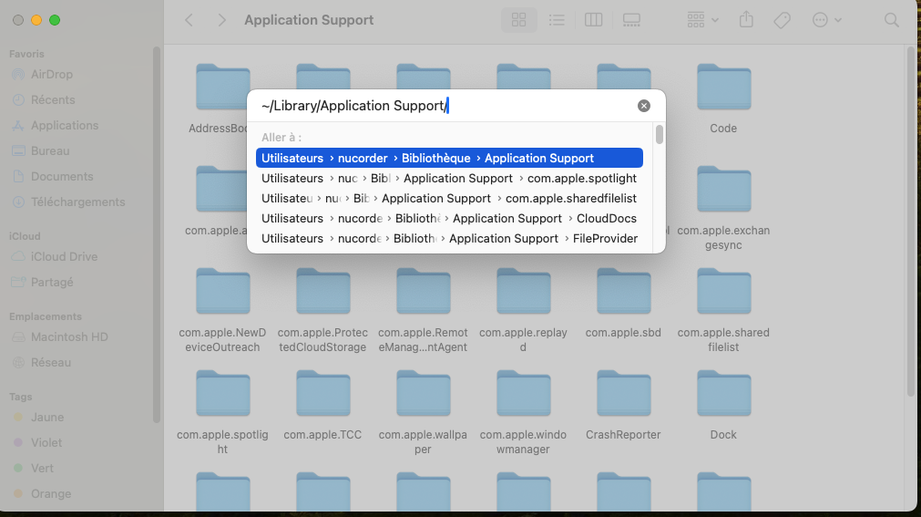 Dossier Application Support dans Finder