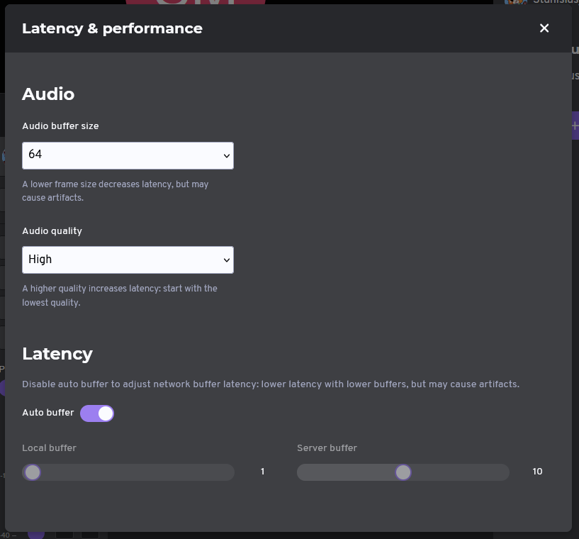 The latency & performance settings dialog