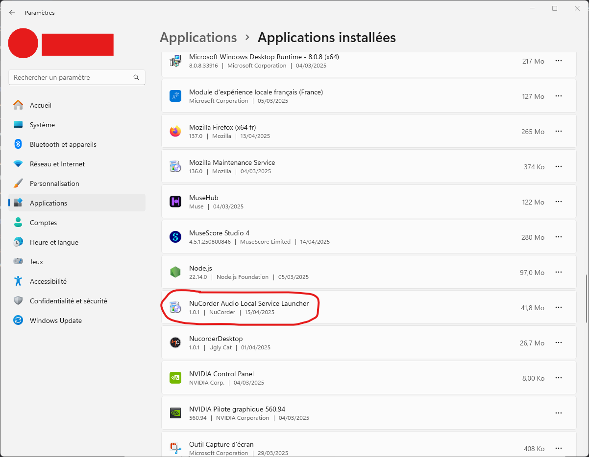 NALSL dans la liste des applications installées (Windows 11))